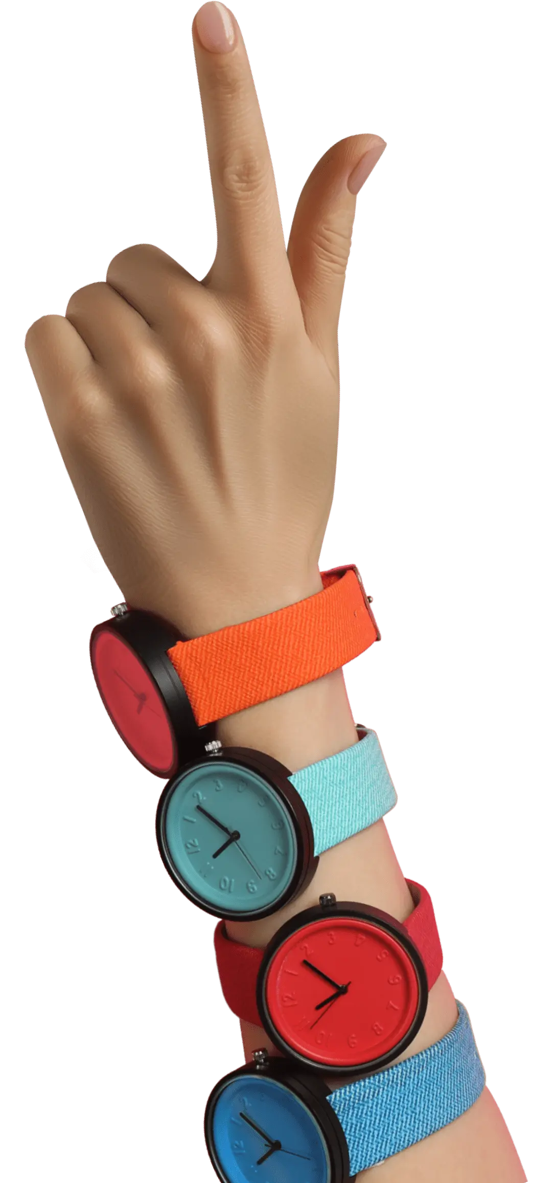 一只手指着上方，手上戴着三只橙色、青色和红色的手表。